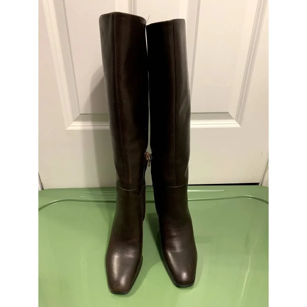 Franco Sarto Tiera High Brown Leather Boots Gold Faceted Heel Size 7 NWOT - Picture 2 of 8